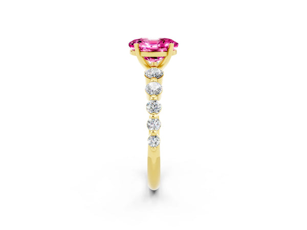 Yellow gold Oval Cut Solitaire Pink Sapphire Ring with Pave Band and Four-Prong Setting