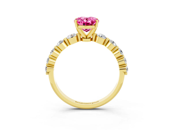 Yellow gold Oval Cut Solitaire Pink Sapphire Ring with Pave Band and Four-Prong Setting