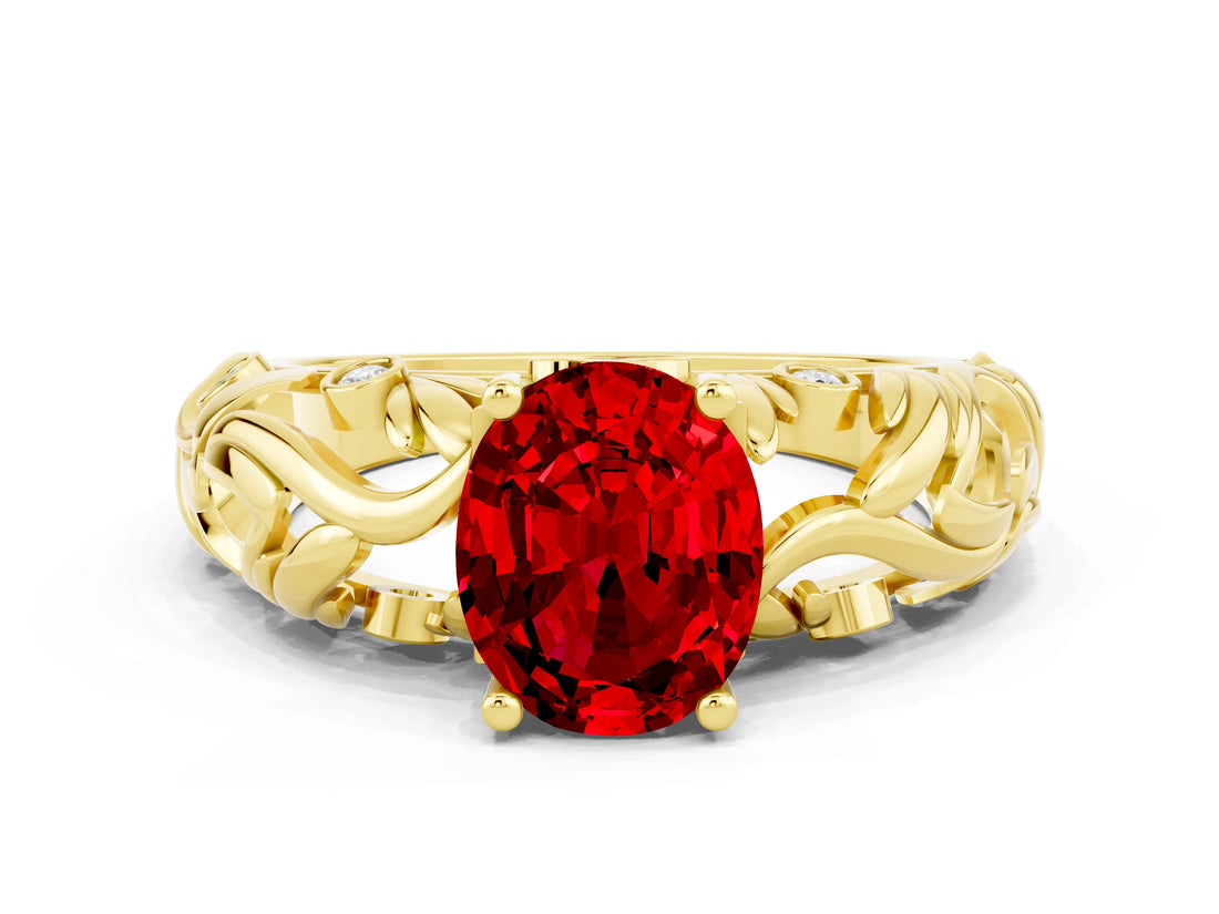 Yellow gold Oval Cut Solitaire Ruby Leaf-Inspired Vine Band Ring with Prong Setting