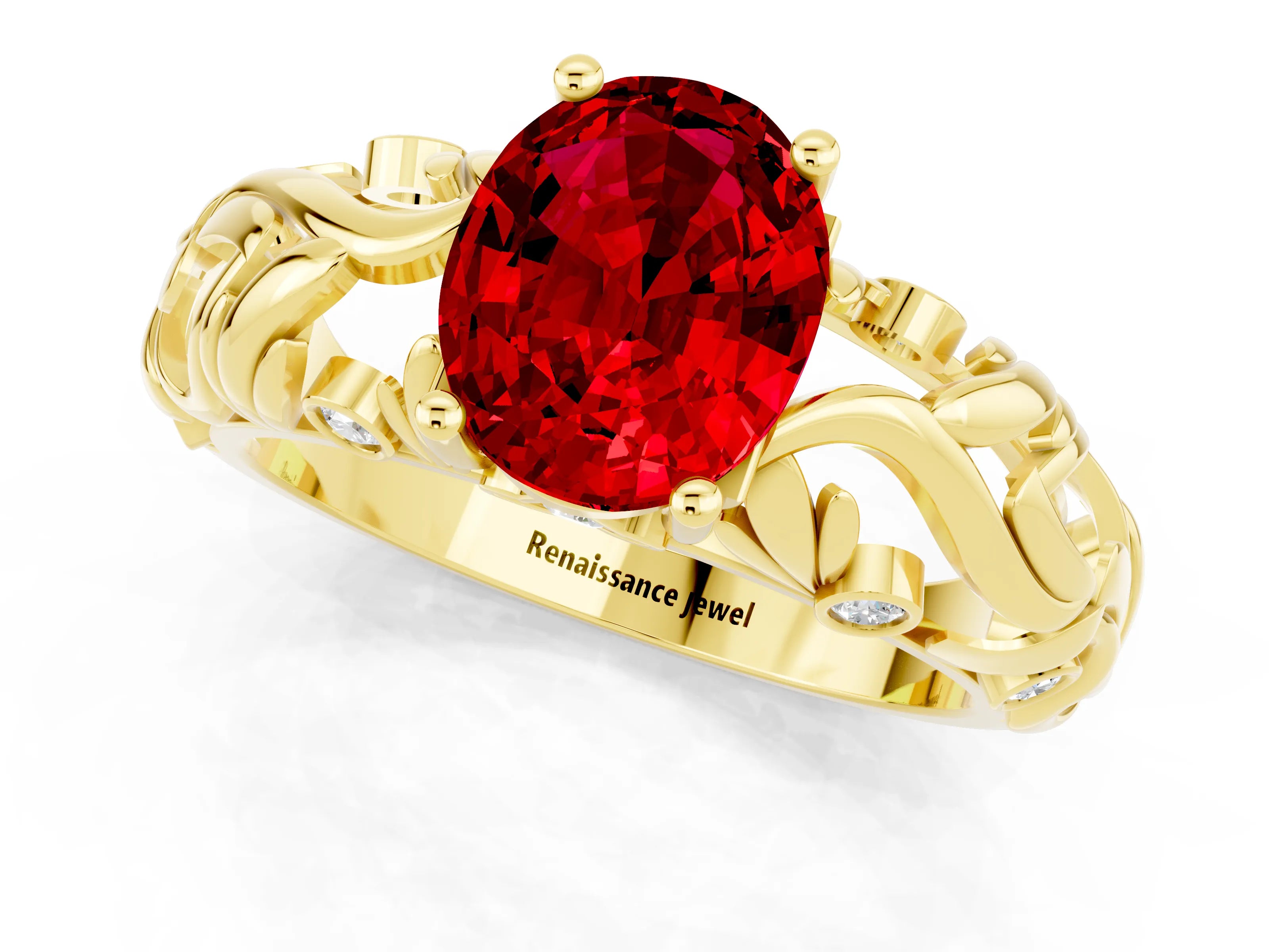 Yellow gold Oval Cut Solitaire Ruby Leaf-Inspired Vine Band Ring with Prong Setting_1