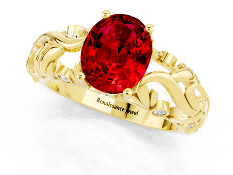 Yellow gold Oval Cut Solitaire Ruby Leaf-Inspired Vine Band Ring with Prong Setting_1