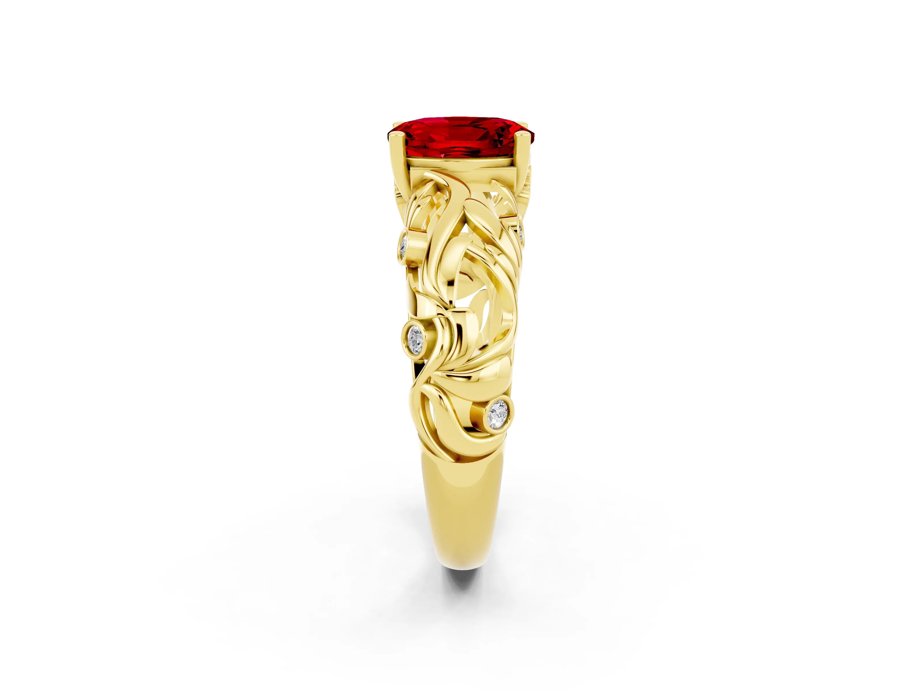 Yellow gold Oval Cut Solitaire Ruby Leaf-Inspired Vine Band Ring with Prong Setting_2
