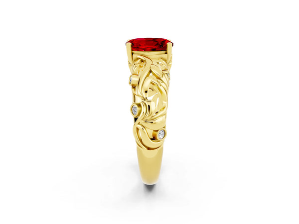 Yellow gold Oval Cut Solitaire Ruby Leaf-Inspired Vine Band Ring with Prong Setting