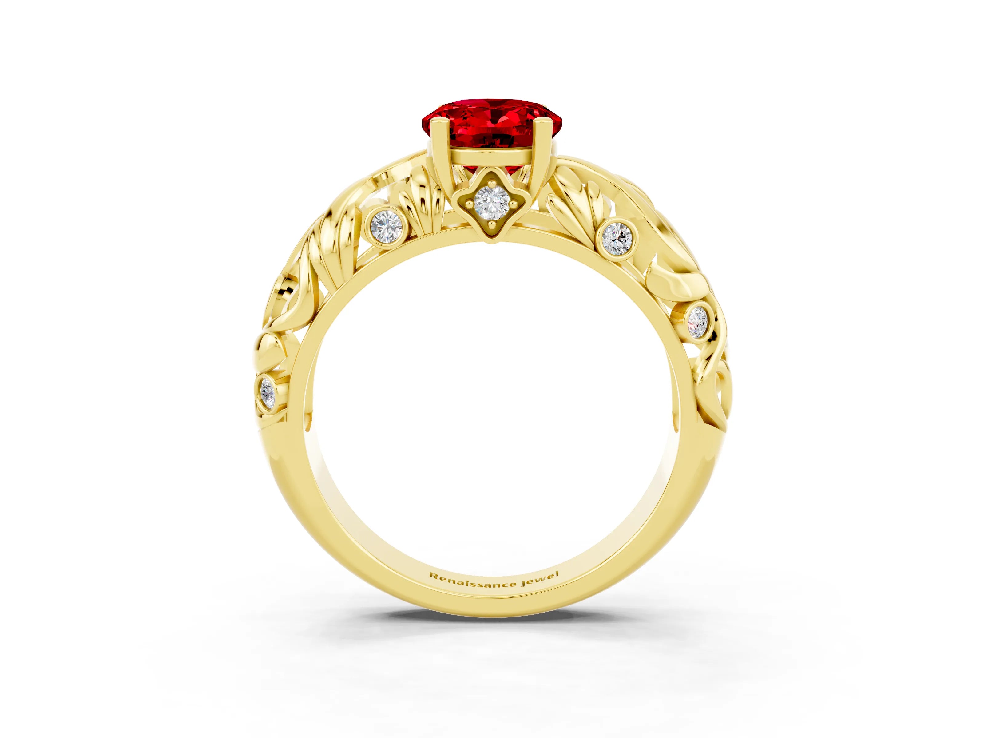Yellow gold Oval Cut Solitaire Ruby Leaf-Inspired Vine Band Ring with Prong Setting_3
