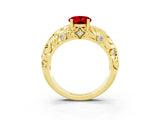 Yellow gold Oval Cut Solitaire Ruby Leaf-Inspired Vine Band Ring with Prong Setting_3