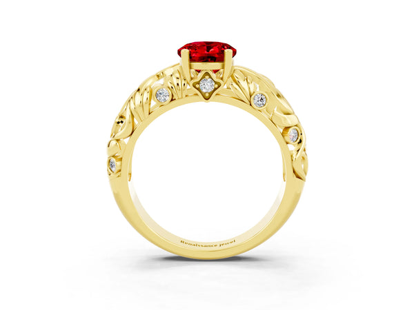 Yellow gold Oval Cut Solitaire Ruby Leaf-Inspired Vine Band Ring with Prong Setting