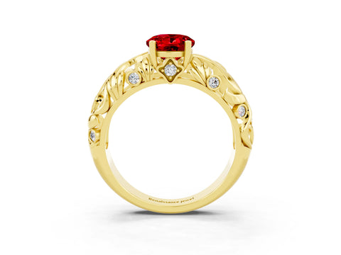 Yellow gold Oval Cut Solitaire Ruby Leaf-Inspired Vine Band Ring with Prong Setting_3