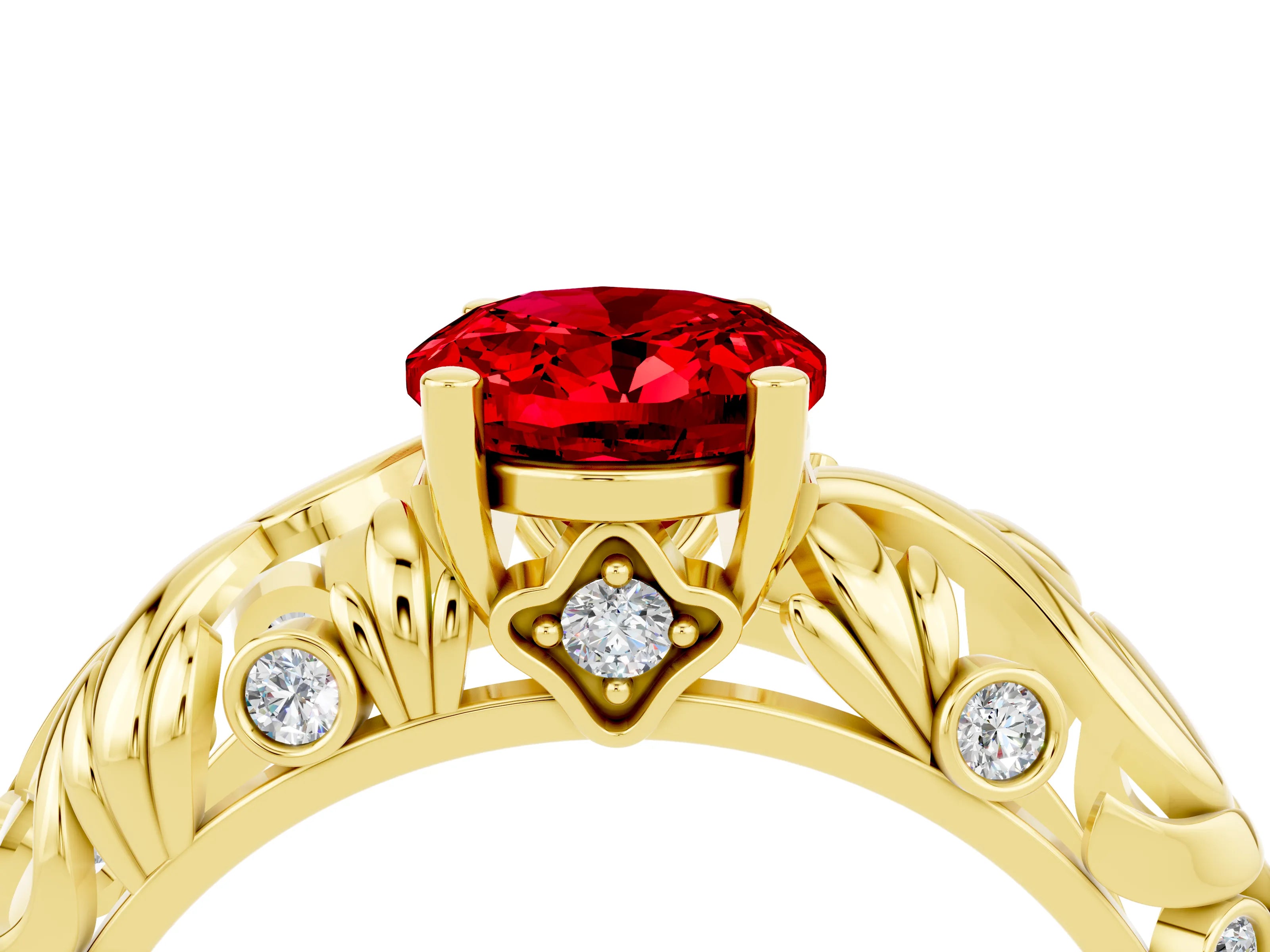 Yellow gold Oval Cut Solitaire Ruby Leaf-Inspired Vine Band Ring with Prong Setting_4
