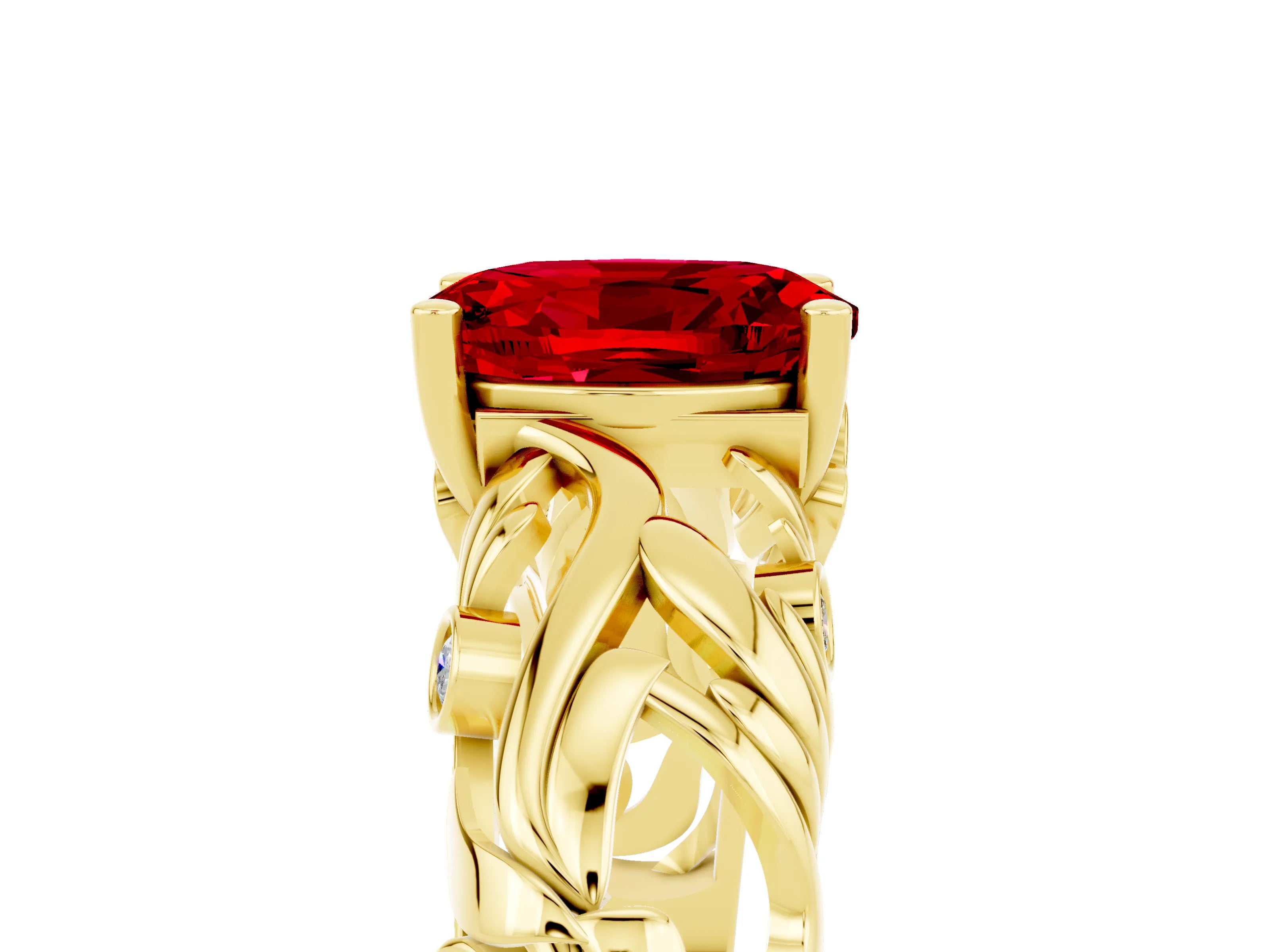 Yellow gold Oval Cut Solitaire Ruby Leaf-Inspired Vine Band Ring with Prong Setting_5