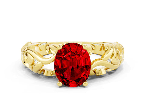 Yellow gold Oval Cut Solitaire Ruby Leaf-Inspired Vine Band Ring with Prong Setting