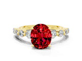 Yellow gold Oval Cut Solitaire Ruby Ring with Pave Band and Four-Prong Setting