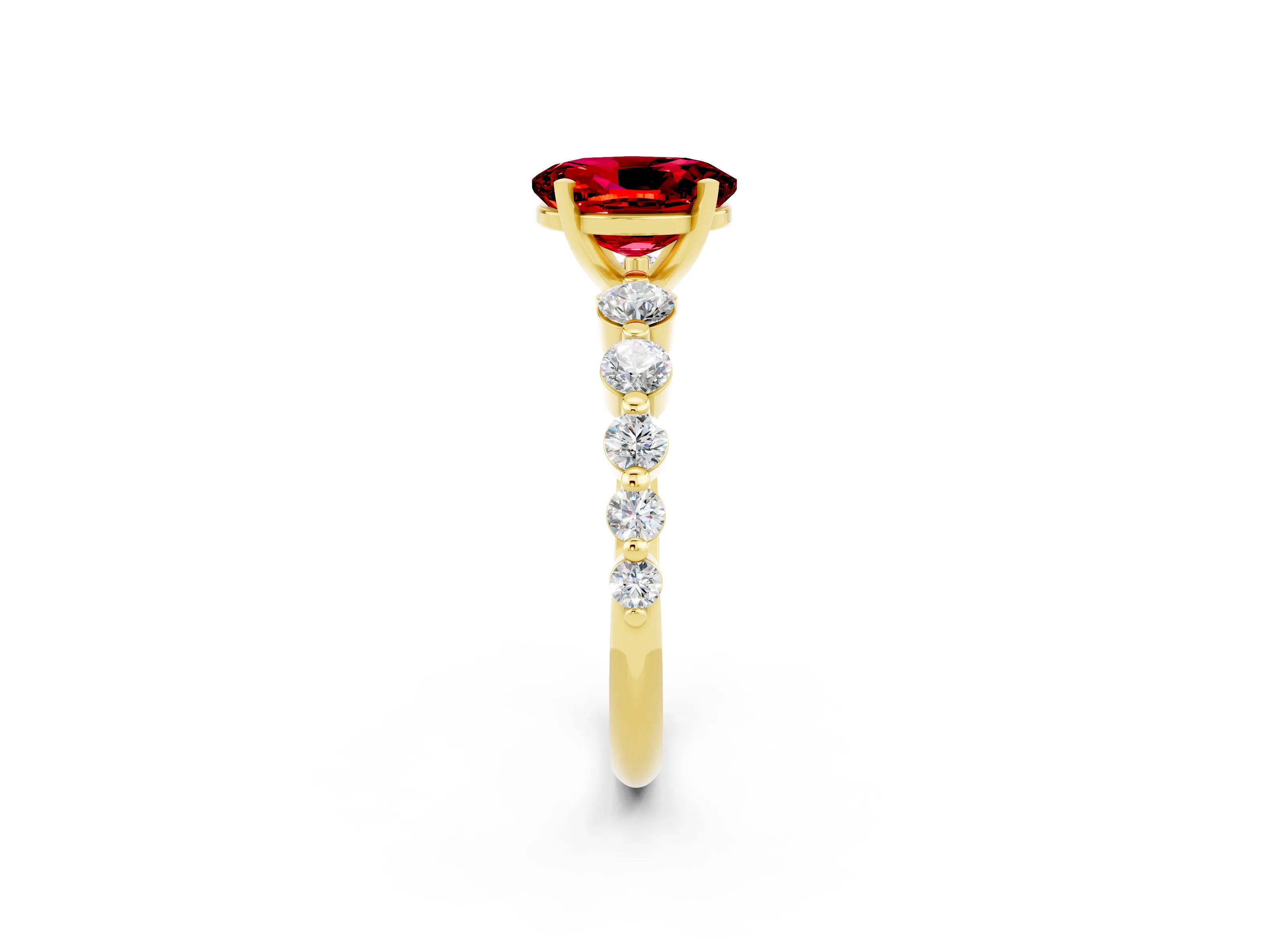 Yellow gold Oval Cut Solitaire Ruby Ring with Pave Band and Four-Prong Setting_2