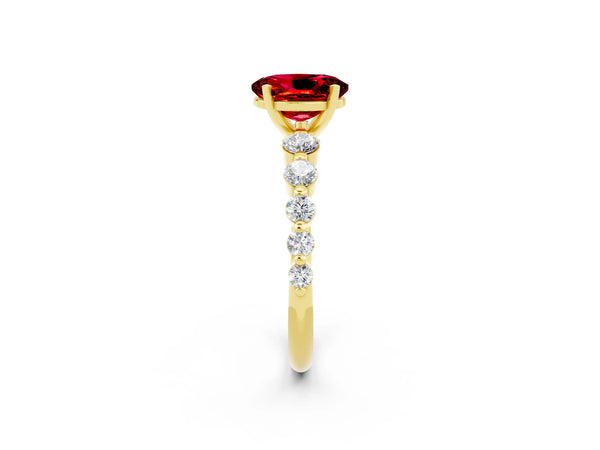 Yellow gold Oval Cut Solitaire Ruby Ring with Pave Band and Four-Prong Setting