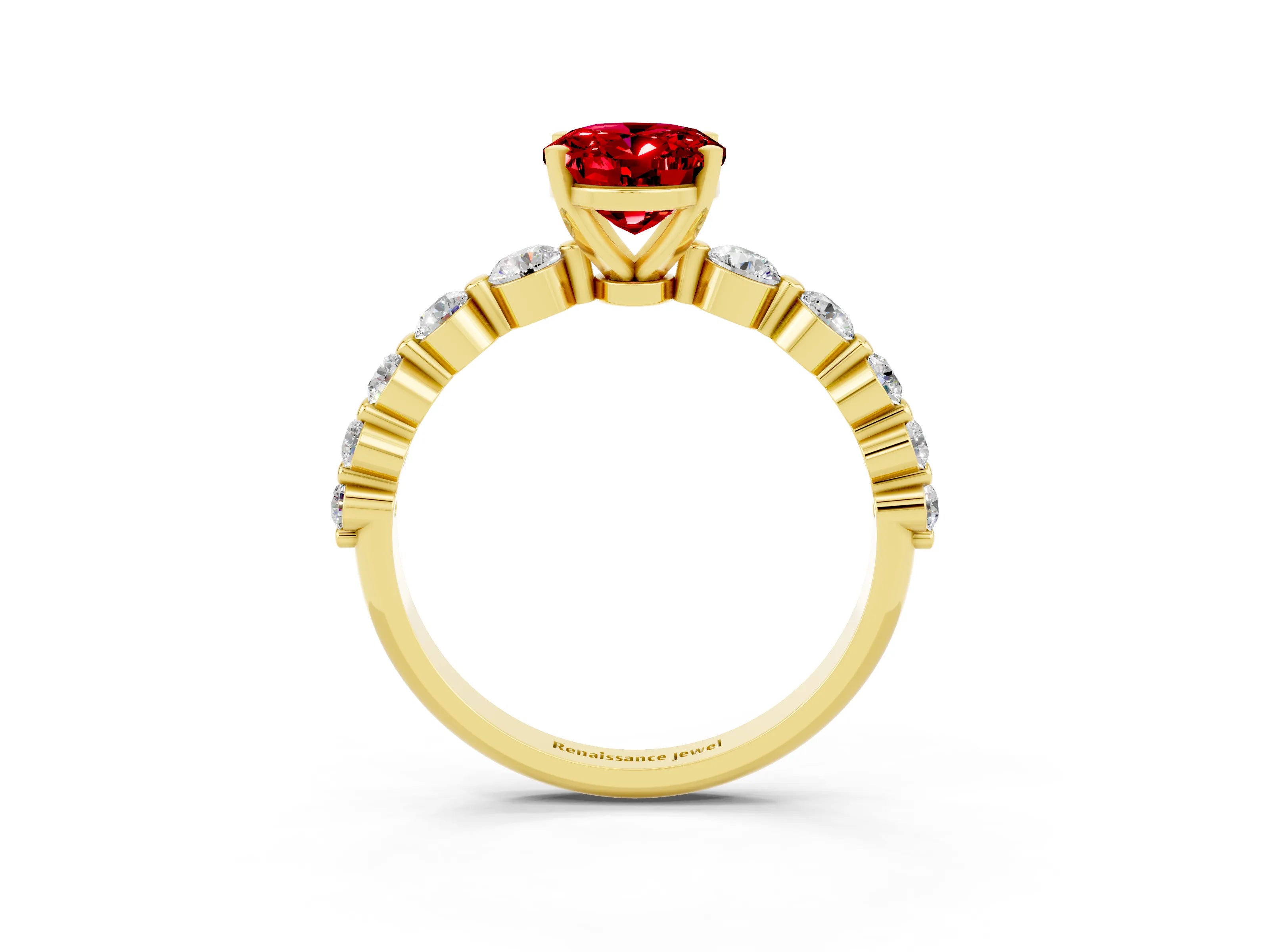 Yellow gold Oval Cut Solitaire Ruby Ring with Pave Band and Four-Prong Setting_3