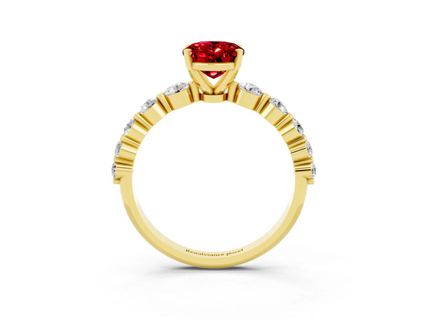 Yellow gold Oval Cut Solitaire Ruby Ring with Pave Band and Four-Prong Setting