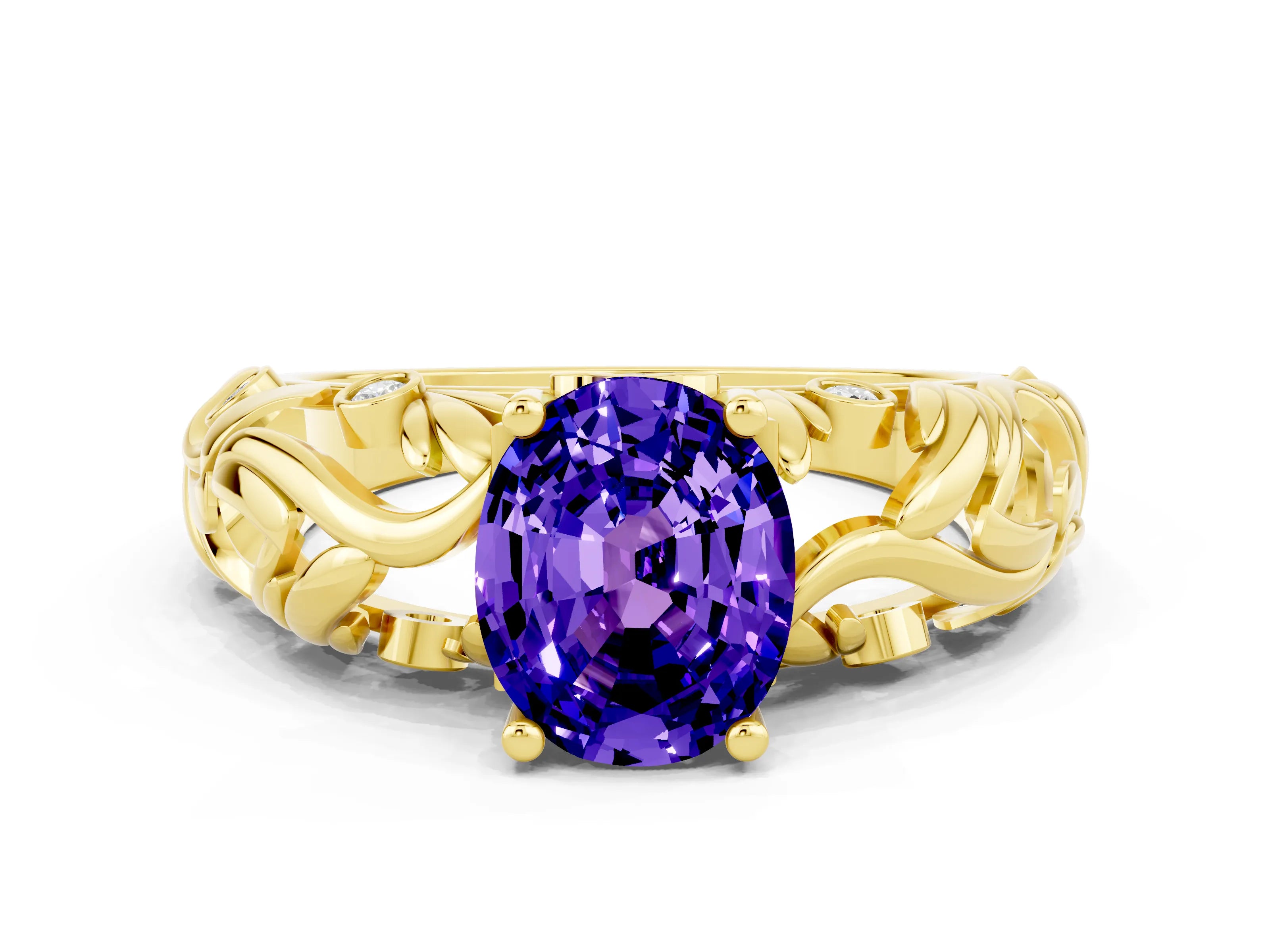 Yellow gold Oval Cut Solitaire Tanzanite Leaf-Inspired Vine Band Ring with Prong Setting