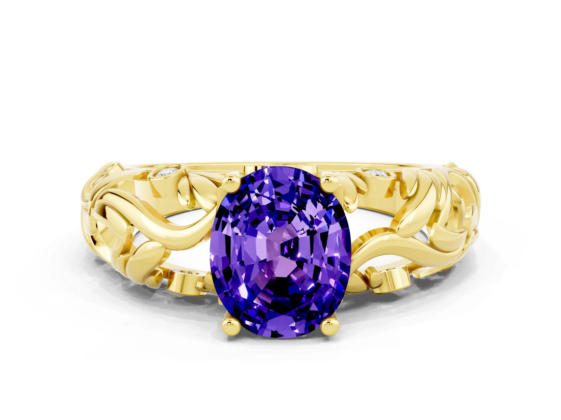Yellow gold Oval Cut Solitaire Tanzanite Leaf-Inspired Vine Band Ring with Prong Setting