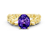 Yellow gold Oval Cut Solitaire Tanzanite Leaf-Inspired Vine Band Ring with Prong Setting