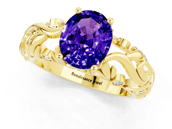 Yellow gold Oval Cut Solitaire Tanzanite Leaf-Inspired Vine Band Ring with Prong Setting
