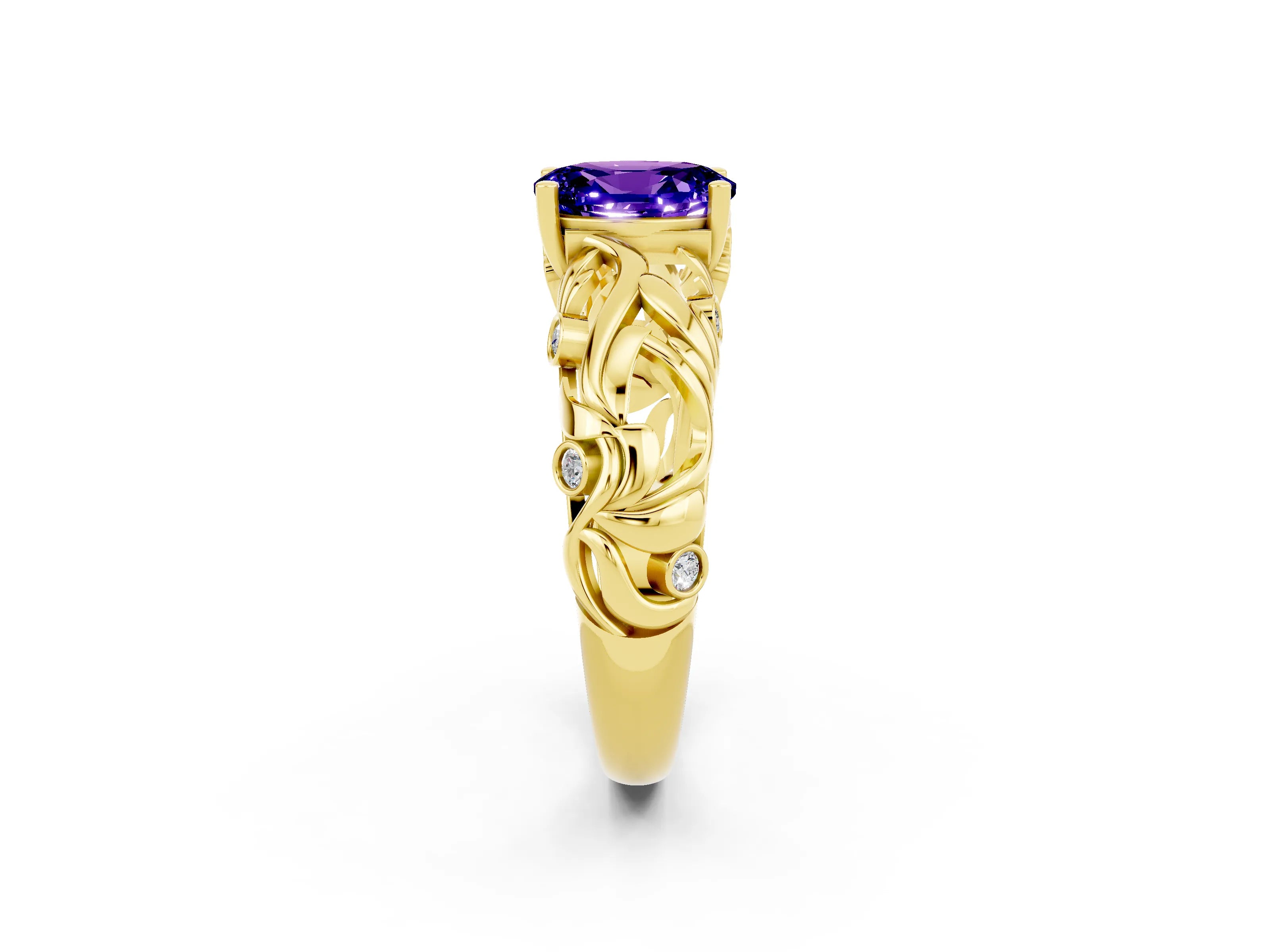 Yellow gold Oval Cut Solitaire Tanzanite Leaf-Inspired Vine Band Ring with Prong Setting_2
