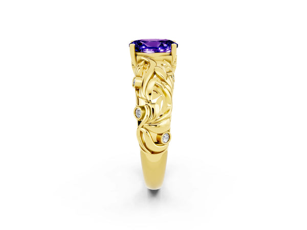 Yellow gold Oval Cut Solitaire Tanzanite Leaf-Inspired Vine Band Ring with Prong Setting