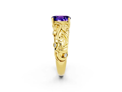 Yellow gold Oval Cut Solitaire Tanzanite Leaf-Inspired Vine Band Ring with Prong Setting_2