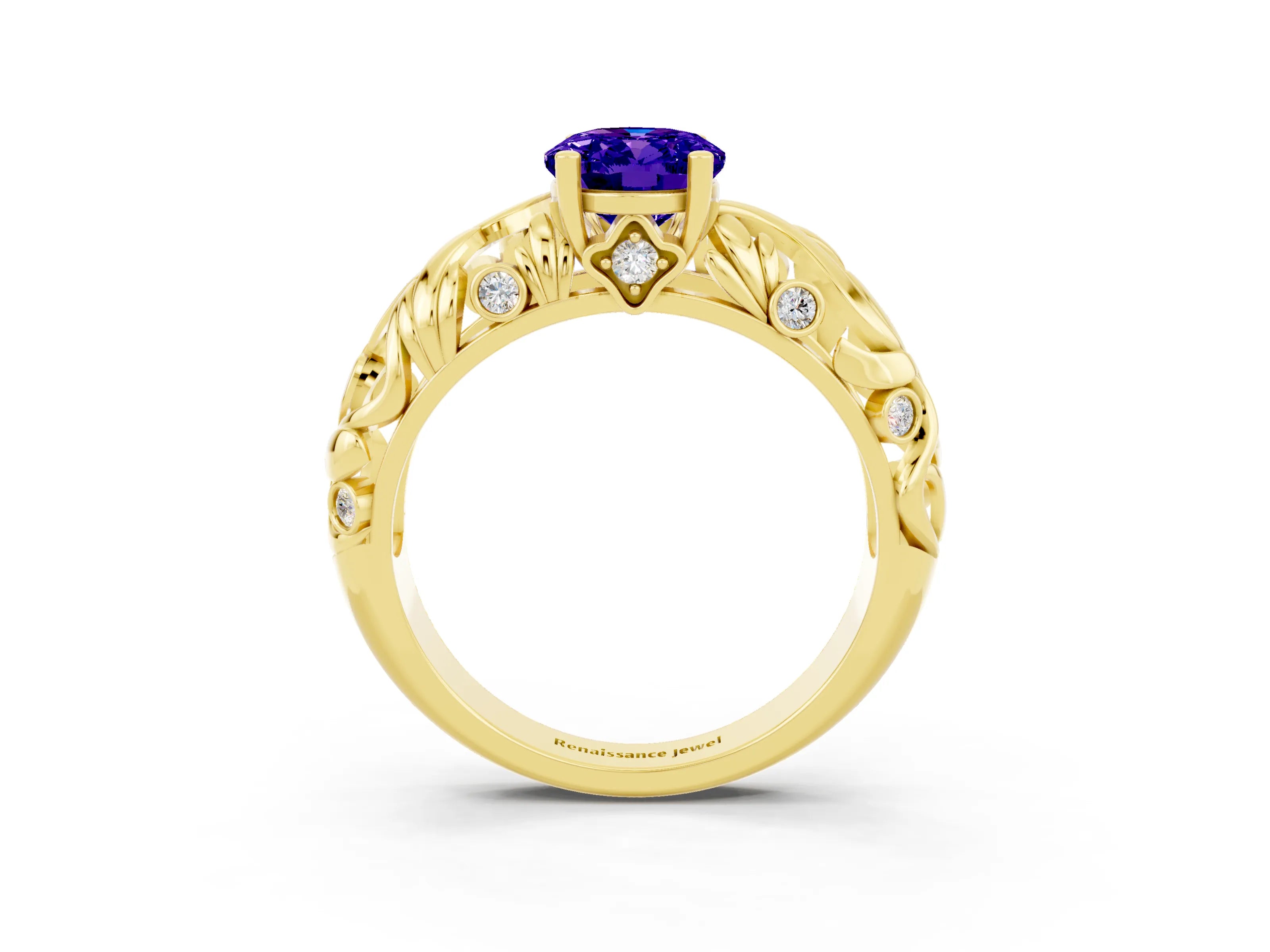 Yellow gold Oval Cut Solitaire Tanzanite Leaf-Inspired Vine Band Ring with Prong Setting_3