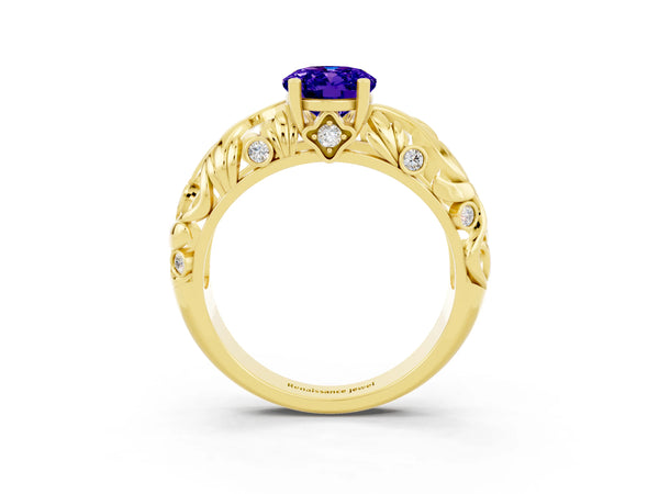 Yellow gold Oval Cut Solitaire Tanzanite Leaf-Inspired Vine Band Ring with Prong Setting