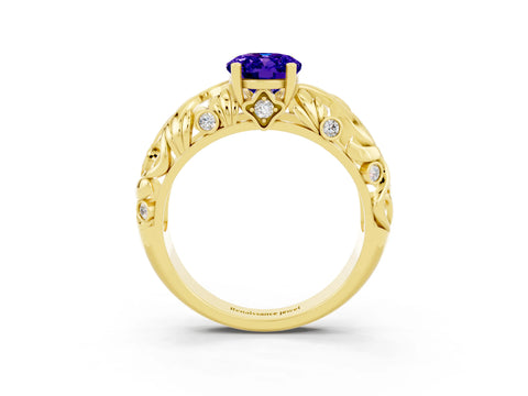 Yellow gold Oval Cut Solitaire Tanzanite Leaf-Inspired Vine Band Ring with Prong Setting_3