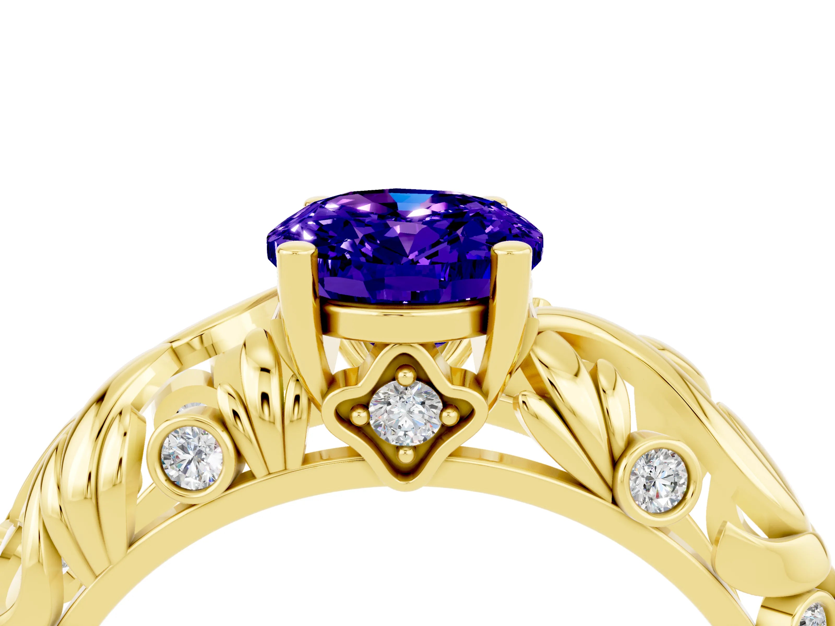 Yellow gold Oval Cut Solitaire Tanzanite Leaf-Inspired Vine Band Ring with Prong Setting_4