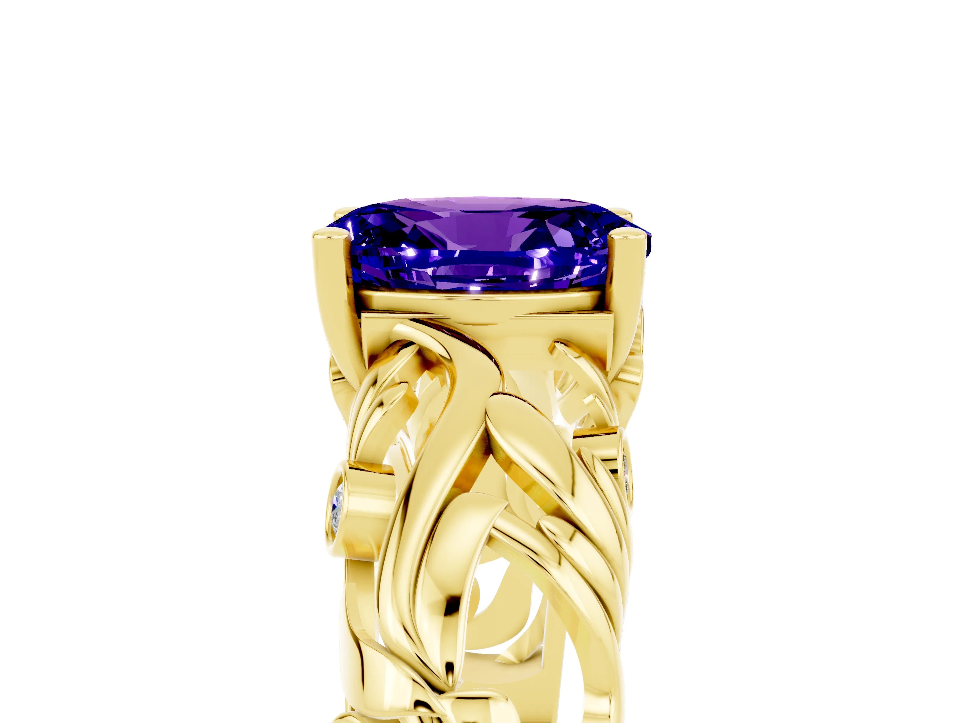 Yellow gold Oval Cut Solitaire Tanzanite Leaf-Inspired Vine Band Ring with Prong Setting_5
