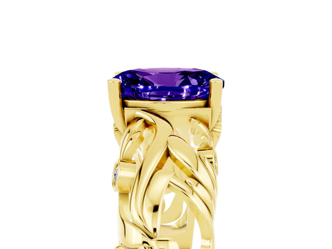 Yellow gold Oval Cut Solitaire Tanzanite Leaf-Inspired Vine Band Ring with Prong Setting_5