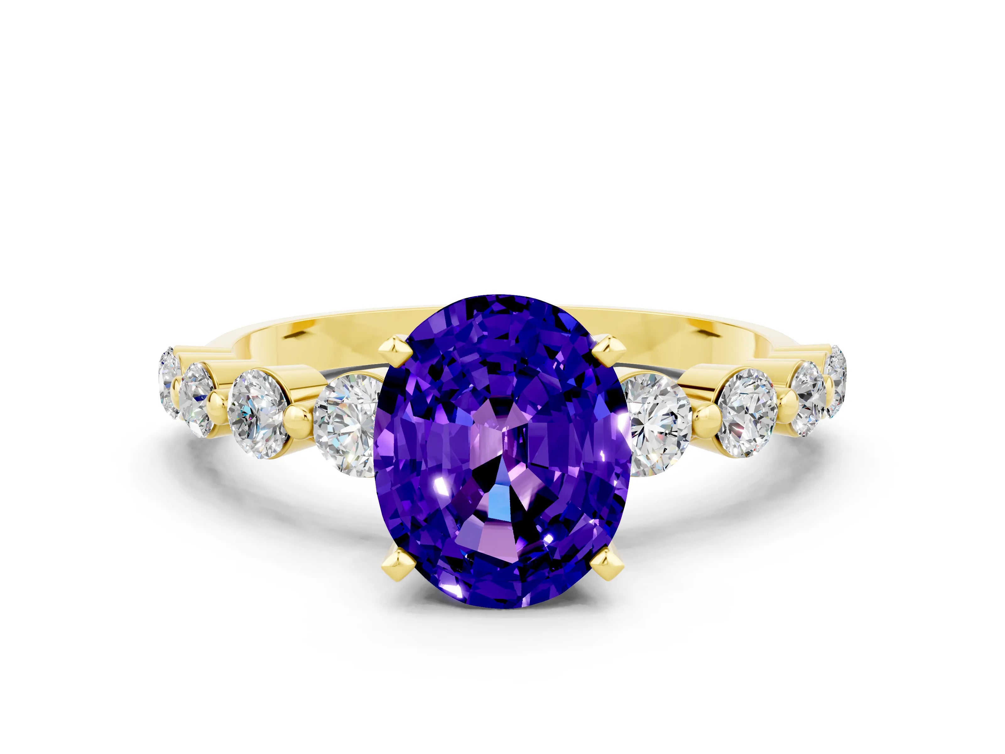 Yellow gold Oval Cut Solitaire Tanzanite Ring with Pave Band and Four-Prong Setting