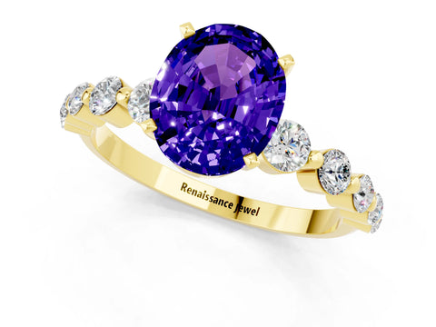 Yellow gold Oval Cut Solitaire Tanzanite Ring with Pave Band and Four-Prong Setting_1