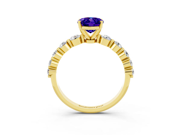 Yellow gold Oval Cut Solitaire Tanzanite Ring with Pave Band and Four-Prong Setting
