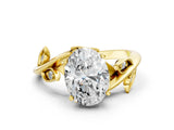 Yellow gold Oval Cut Solitaire Twist Engagement Ring with Leaf Accents and Prong Setting_15