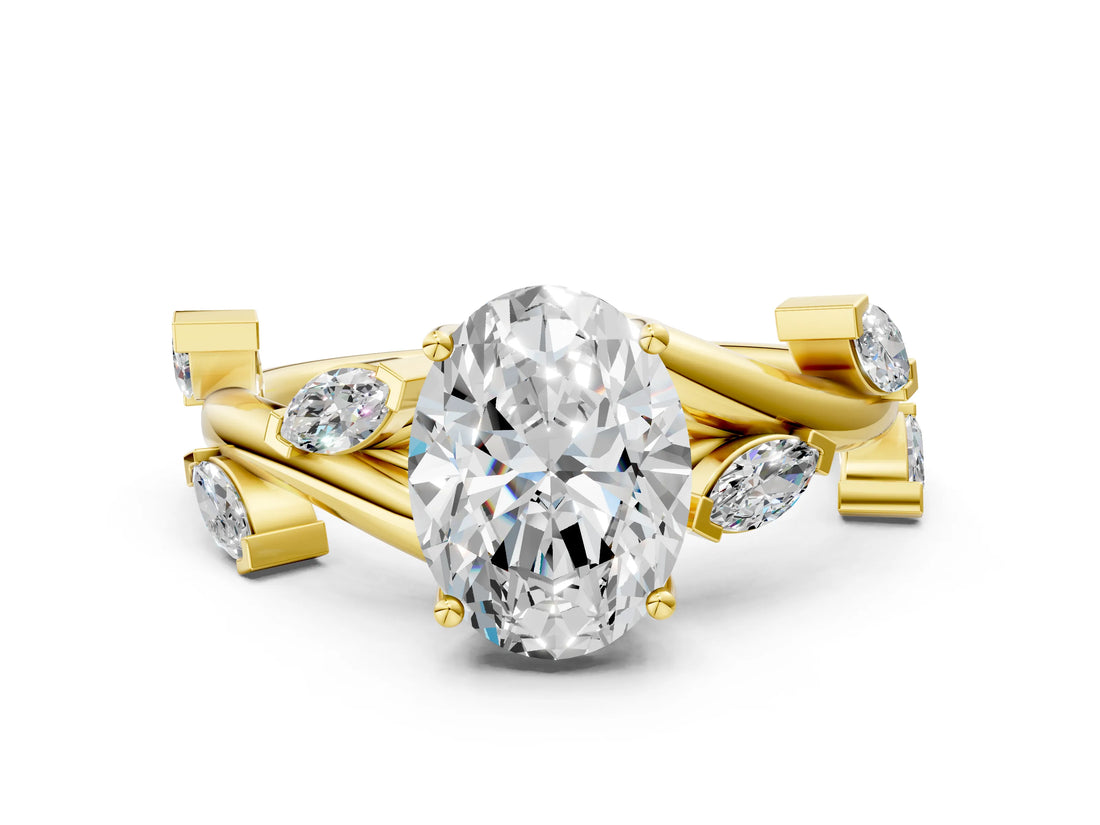 Yellow gold Oval Cut Solitaire Twisted Band Marquise Accent Prong Setting Ring_3