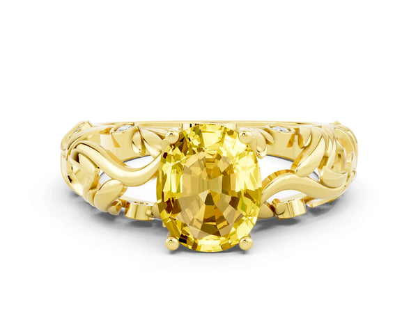 Yellow gold Oval Cut Solitaire Yellow Sapphire Leaf-Inspired Vine Band Ring with Prong Setting