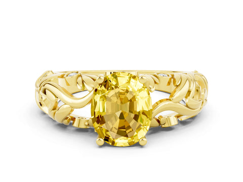 Yellow gold Oval Cut Solitaire Yellow Sapphire Leaf-Inspired Vine Band Ring with Prong Setting_24