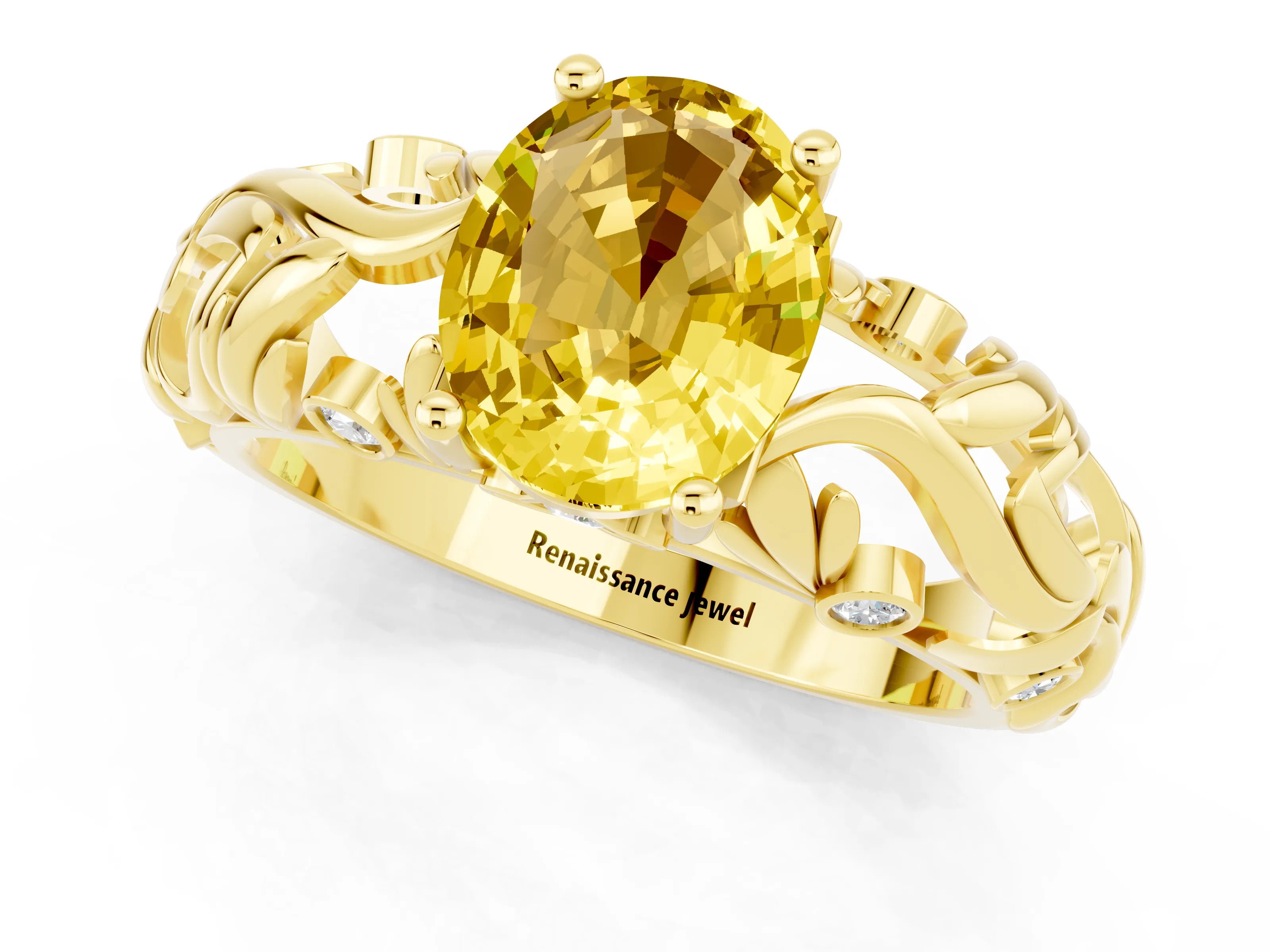 Yellow gold Oval Cut Solitaire Yellow Sapphire Leaf-Inspired Vine Band Ring with Prong Setting_25