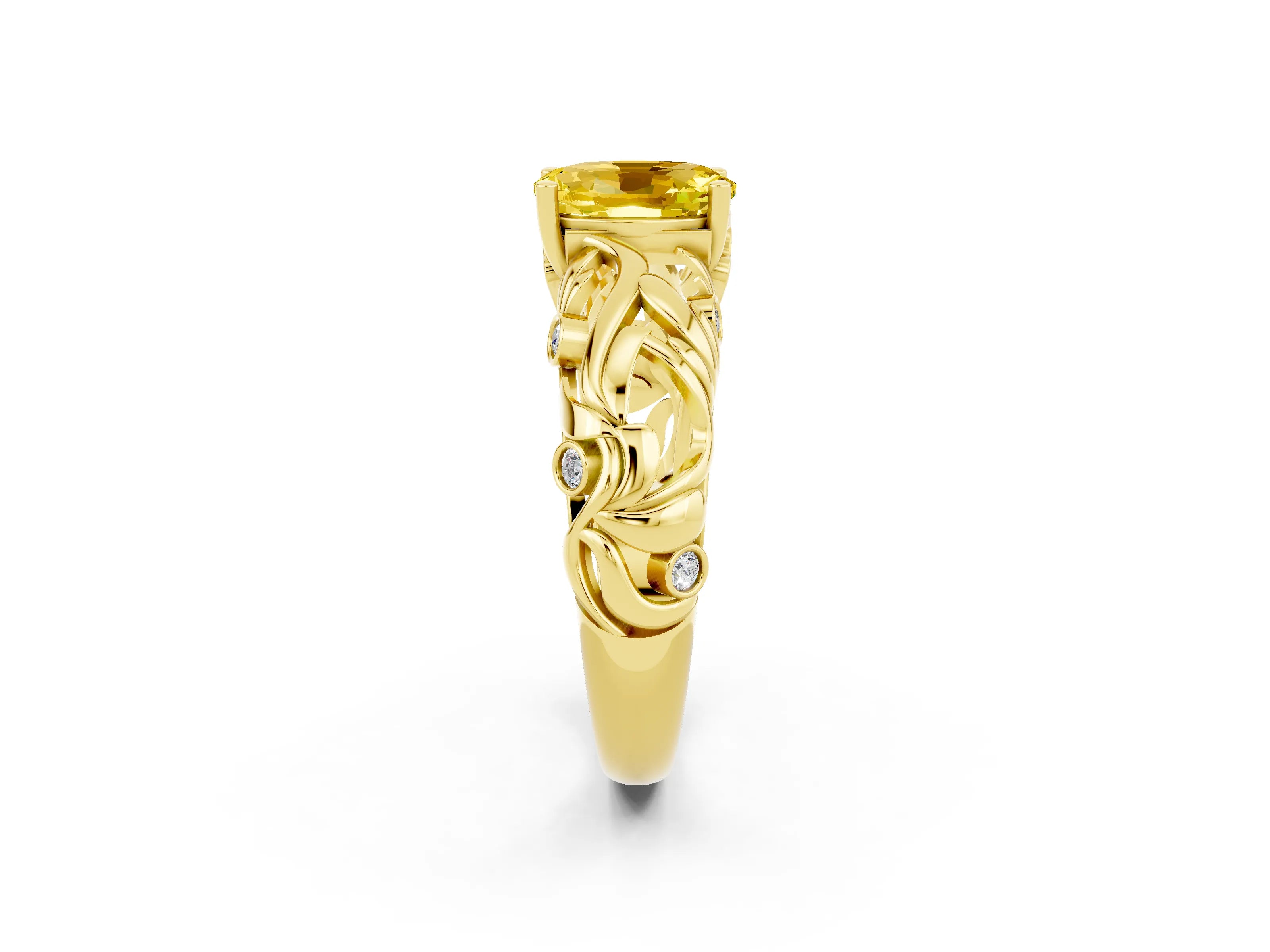 Yellow gold Oval Cut Solitaire Yellow Sapphire Leaf-Inspired Vine Band Ring with Prong Setting_26
