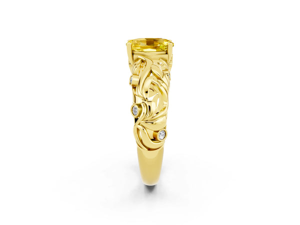 Yellow gold Oval Cut Solitaire Yellow Sapphire Leaf-Inspired Vine Band Ring with Prong Setting