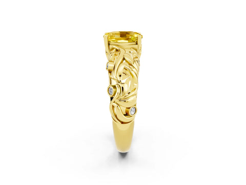 Yellow gold Oval Cut Solitaire Yellow Sapphire Leaf-Inspired Vine Band Ring with Prong Setting_26