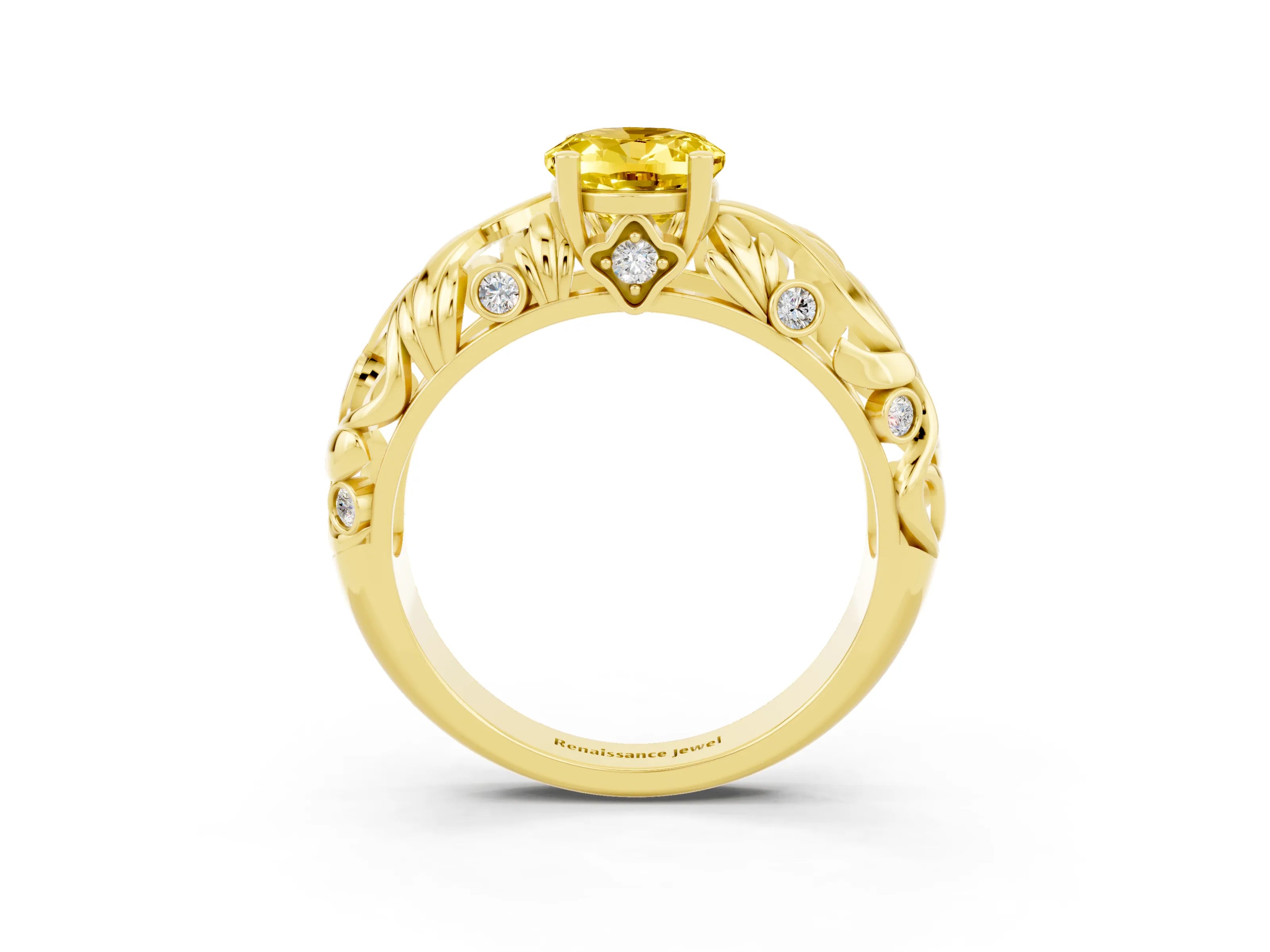 Yellow gold Oval Cut Solitaire Yellow Sapphire Leaf-Inspired Vine Band Ring with Prong Setting_27