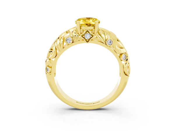 Yellow gold Oval Cut Solitaire Yellow Sapphire Leaf-Inspired Vine Band Ring with Prong Setting