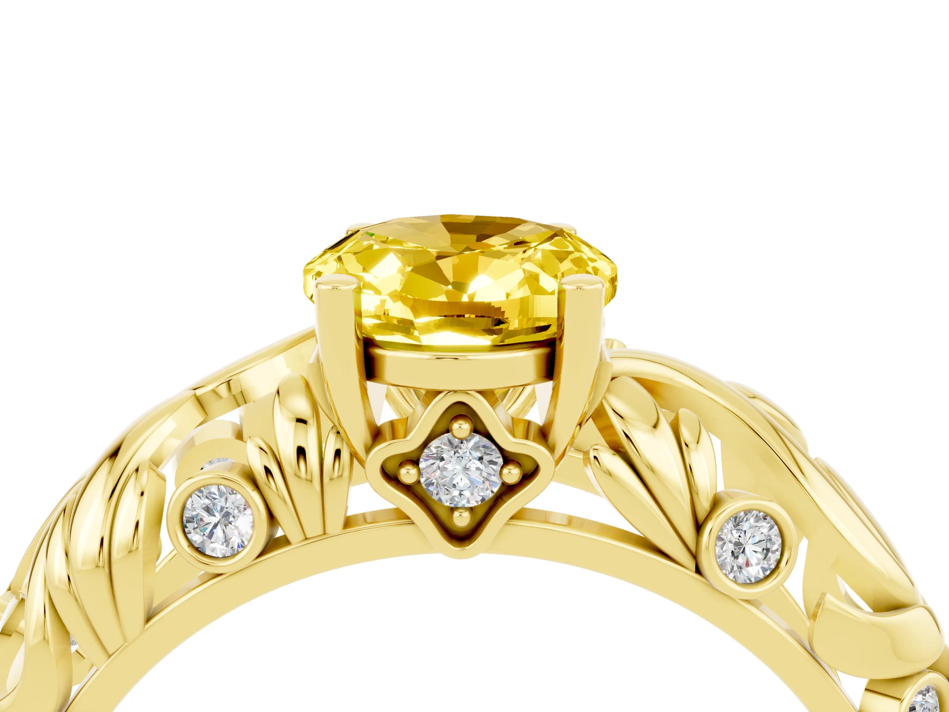 Yellow gold Oval Cut Solitaire Yellow Sapphire Leaf-Inspired Vine Band Ring with Prong Setting_28