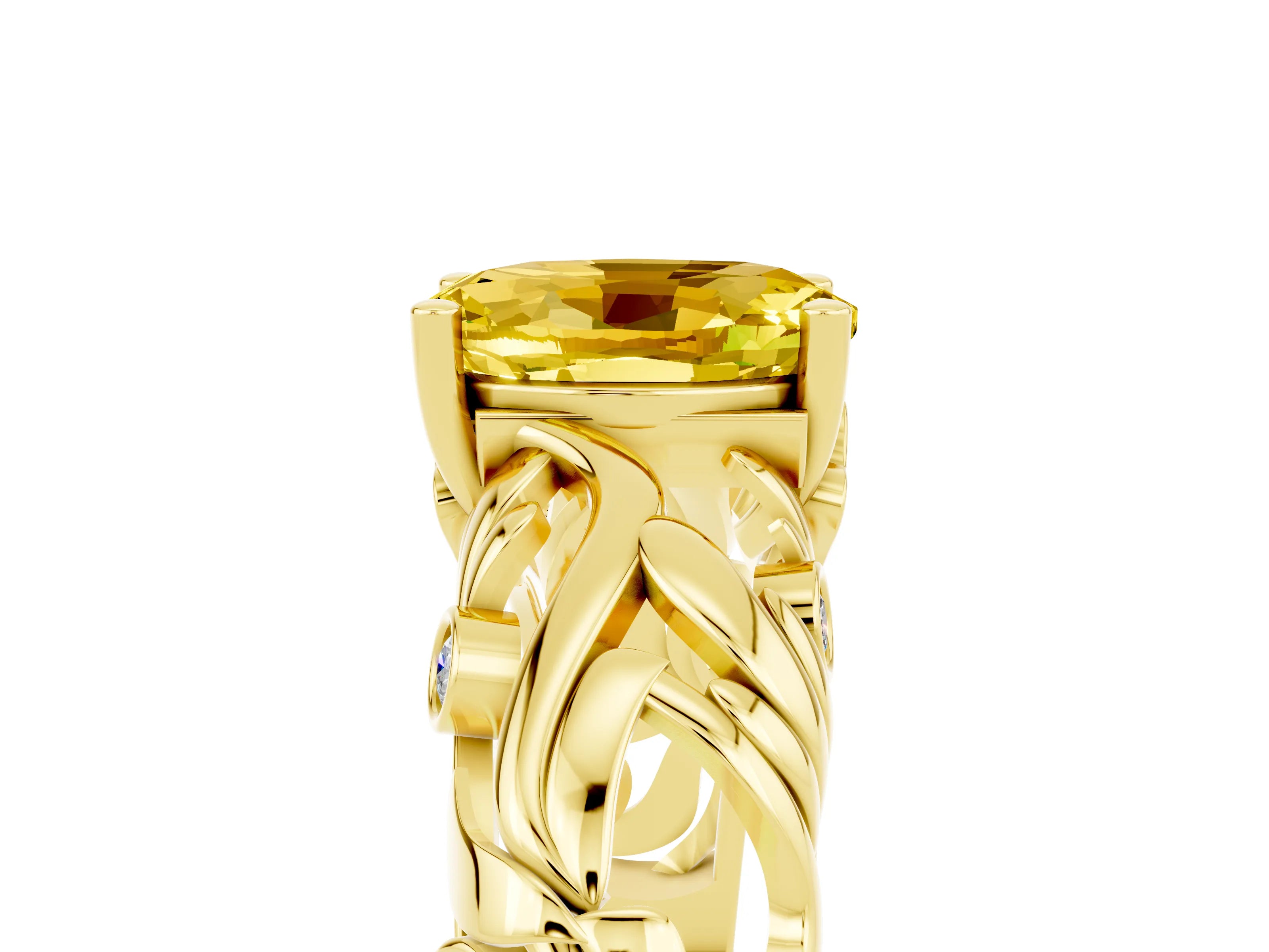 Yellow gold Oval Cut Solitaire Yellow Sapphire Leaf-Inspired Vine Band Ring with Prong Setting_29