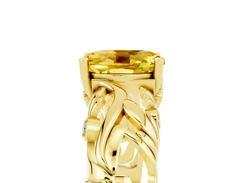Yellow gold Oval Cut Solitaire Yellow Sapphire Leaf-Inspired Vine Band Ring with Prong Setting_29
