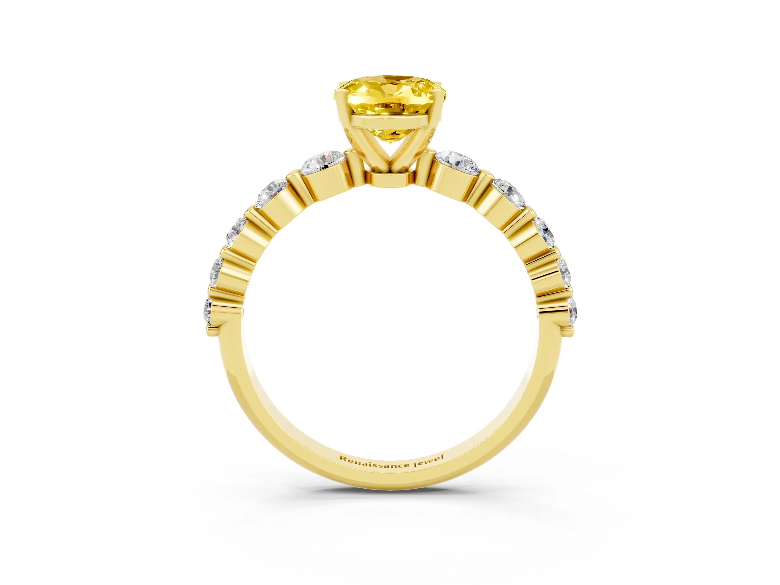 Yellow gold Oval Cut Solitaire Yellow Sapphire Ring with Pave Band and Four-Prong Setting_27