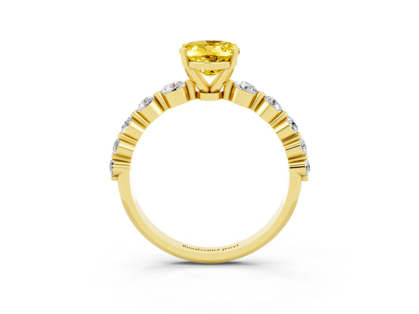 Yellow gold Oval Cut Solitaire Yellow Sapphire Ring with Pave Band and Four-Prong Setting